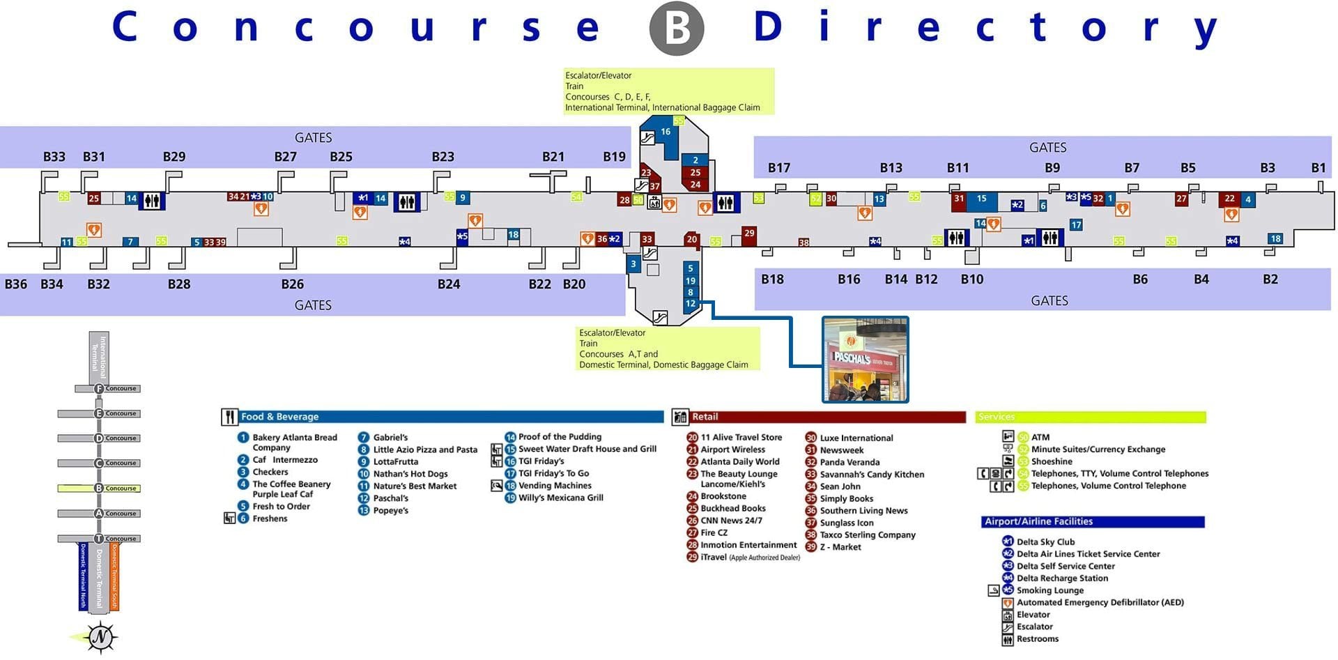 Concourse B airport directory map showing the Paschal's restaurant location